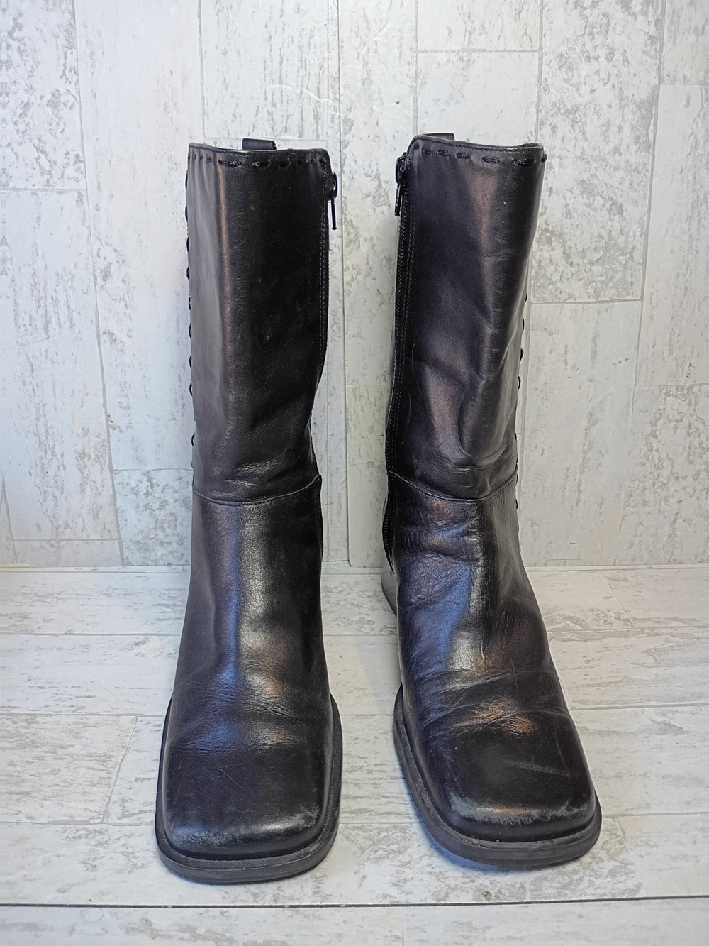 Black leather square toe knee high boots, 90s vintage wide calf size 7.5 US - Picture 6 of 15